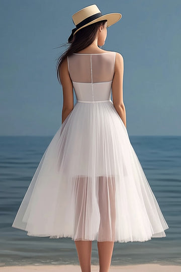 White A Line Boat Neck Tulle Party Dress